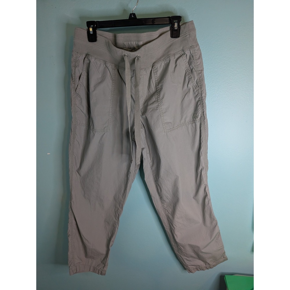 Calvin Klein Womens Grey Cotton Capri Jogger Pants Ribbed Drawstring Waist L